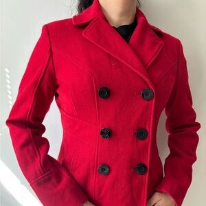Vintage Y2K GUESS Preppy Pea Coat Women's Cherry Red Wool Jacket - Size Small
